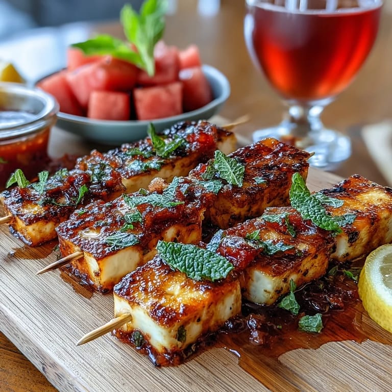 Delicious grilled halloumi skewers, perfect alongside refreshing watermelon for a light meal.