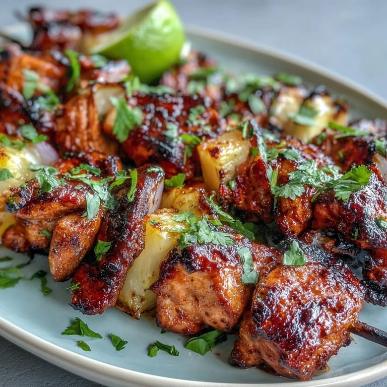 Smoky Al Pastor Chicken Skewers with caramelized pineapple grilled to perfection.