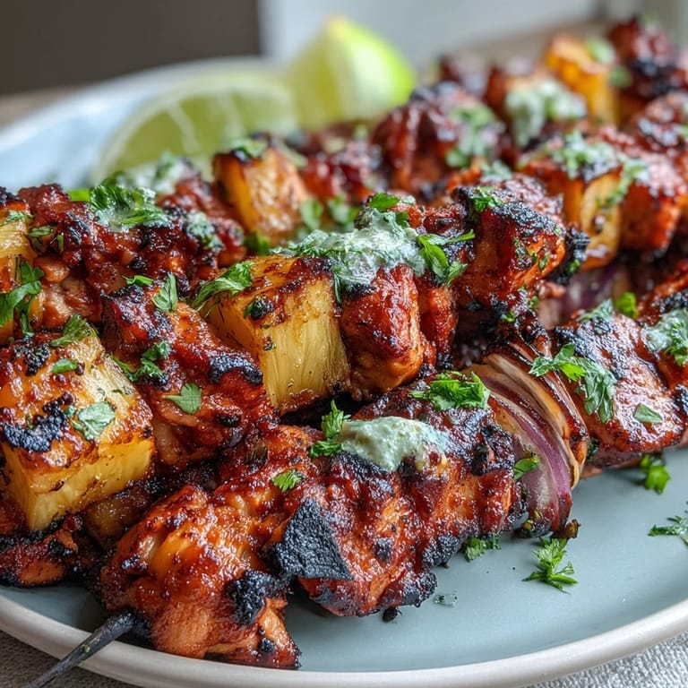 Perfectly charred Grilled Chicken Al Pastor Skewers with sweet tropical pineapple chunks.