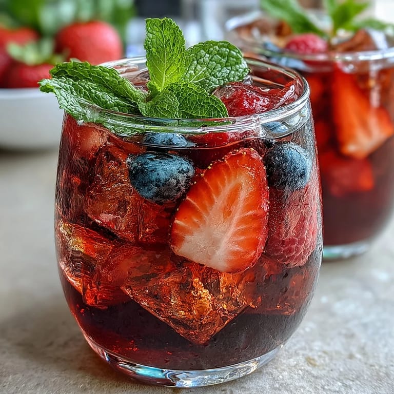 Refreshing iced hibiscus berry tea bursting with colorful summer fruits and mint.