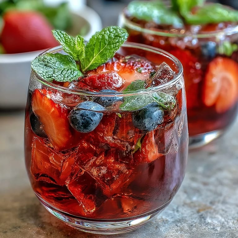 Chilled hibiscus berry tea with bright berries and citrus, perfect for hot days.