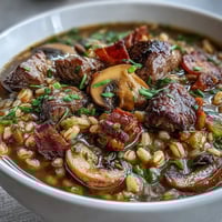 Golden brown beef and smoky pancetta simmer with pearl barley and sliced baby bellas in a rustic Dutch oven for Beef and Barley Soup with Mushrooms.