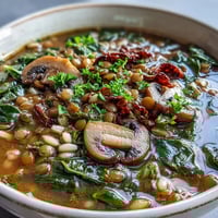 A bowl of hearty Double Lentil and Mushroom Barley Soup garnished with fresh parsley.