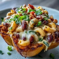 Roasted acorn squash halves are generously filled with creamy, spicy chili mac and drizzled with sweet hot honey.