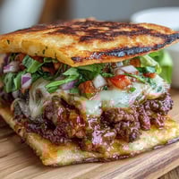 Mini smash burger tacos with crispy tortillas, juicy beef, and melted cheese, topped with fresh lettuce and tomato.