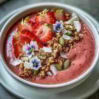 A vibrant Galentines brunch strawberry smoothie bowl topped with crunchy granola and fresh berries, perfect for sharing with friends.