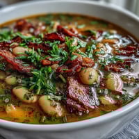 Hearty Ham and Butter Bean Soup with fresh herbs, smoky ham, and tender butter beans in a savory broth.  