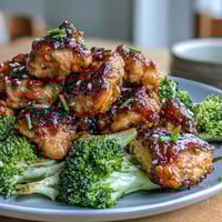 Air fryer honey garlic chicken bites with broccoli in a glossy, sticky sauce, served over tender air-fried florets for a healthy dinner.
