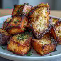 Golden sourdough croutons with garlic and herbs, air-fried to crispy perfection and ideal for salads or soups.  