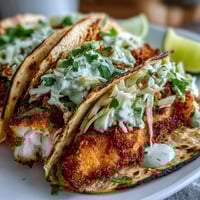 Air fryer fish tacos with cabbage slaw, featuring crispy cod fillets, tangy slaw, and creamy sauce in warm tortillas.  