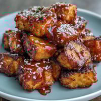 Crispy air fryer tofu nuggets glazed with sweet chili sauce, garnished with sesame seeds and green onions.  