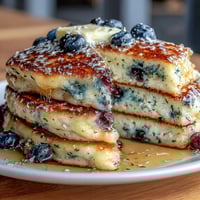 Golden sourdough discard pancakes topped with fresh blueberries and a drizzle of lemon glaze, served on a rustic wooden table.  