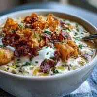 Creamy loaded baked potato soup with funeral potatoes flavors, topped with crispy potato chips and melted cheddar cheese.