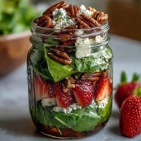 Picnic jar salads with strawberry and goat cheese, layered with fresh greens, juicy berries, and crunchy nuts in a portable jar.