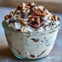 A jar of protein-packed overnight oats swirled with chocolate chips and almond butter, inspired by classic cookie dough.