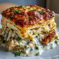 Creamy Chicken Pot Pie with Biscuit Topping baked to golden perfection, showcasing a flaky, buttery biscuit crust over rich chicken and vegetable filling.