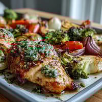 Healthy 5-Ingredient Sheet Pan Chicken and Veggies with tender chicken breasts and vibrant roasted vegetables, seasoned with Italian herbs and olive oil for a quick and wholesome dinner.  