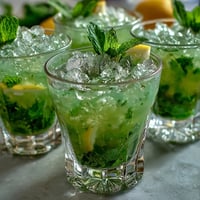 Mini mint julep mocktails with fresh mint, lemon, and ginger ale in crushed ice. A refreshing, non-alcoholic Derby party drink in small glasses.