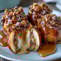 Crisp apple slices drizzled with peanut butter and sprinkled with crunchy granola, a wholesome treat perfect for snacking or parties.