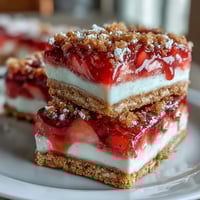 Strawberry lemonade bars with a buttery shortbread crust, topped with tangy strawberry filling and a dusting of powdered sugar.