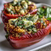 Colorful stuffed bell peppers filled with quinoa, herbs, and vegetables, baked to tender perfection for a vibrant vegetarian dinner.