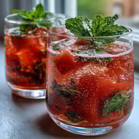 Refreshing watermelon mint vodka spritz mocktail with vibrant pink hue, fresh mint sprigs, and citrus garnish in chilled glasses.