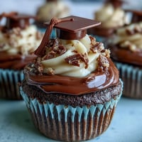 Simple graduation cupcakes with cap toppers feature vanilla cupcakes topped with buttercream frosting and edible graduation caps made from chocolate and candy.