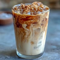 Iced brown sugar oat milk shaken espresso with creamy oat milk and cinnamon aroma, served over ice in a tall glass.