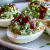 Creamy avocado deviled eggs topped with spicy Sriracha drizzle for a healthy twist on a classic appetizer.