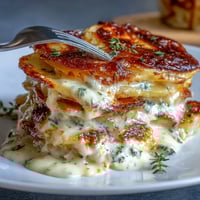 Creamy scalloped potatoes with Gruyere cheese, baked to golden perfection with a rich, garlicky cream sauce and bubbling cheese topping.