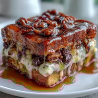 A warm slice of Easy Capirotada with Cinnamon, Piloncillo, and Raisins, golden cheese melting over toasted bread in rich syrup.