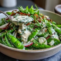 Vibrant snap pea radish spring salad with creamy tahini dressing on a platter.
