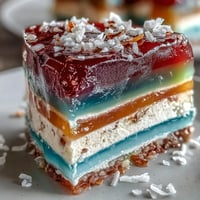 Vibrant Rainbow Jelly Cake with coconut cream, a visually stunning dessert.
