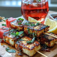 Grilled Halloumi Skewers with Watermelon and Mint, a colorful summer appetizer.