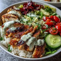 Middle Eastern Shawarma Bowl bursting with spiced chicken, fresh veggies, and tahini.